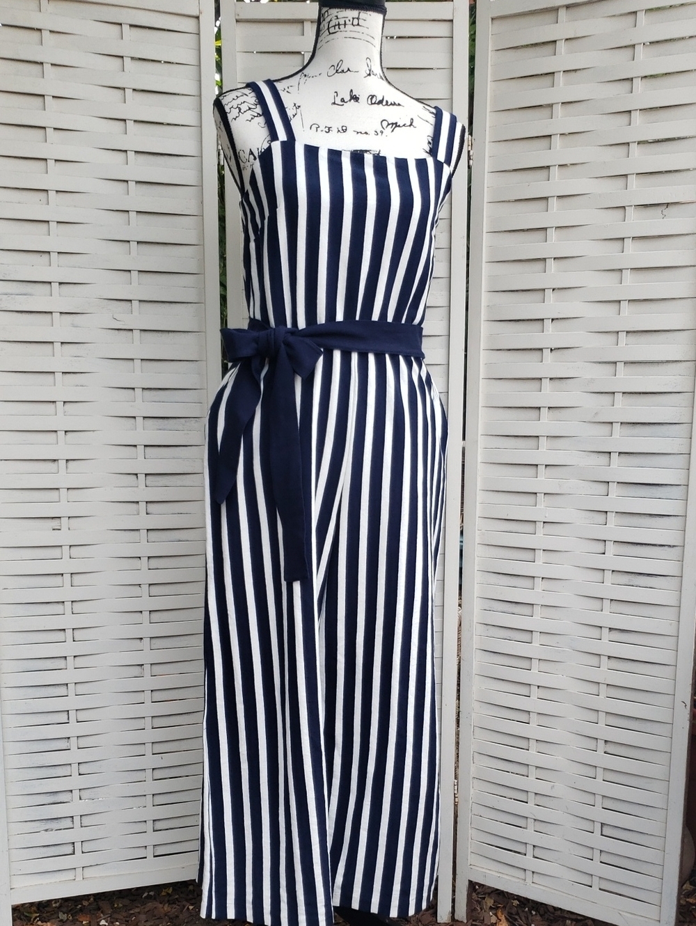 J. Crew Navy and White Striped Jumper with Waist Tie Size 4
